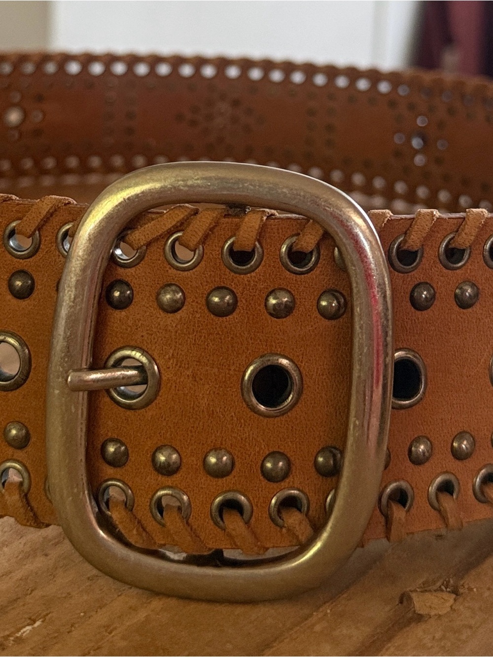 Calvin Klein Jeans Tan Studded Leather Waist Belt with Metal Buckle
